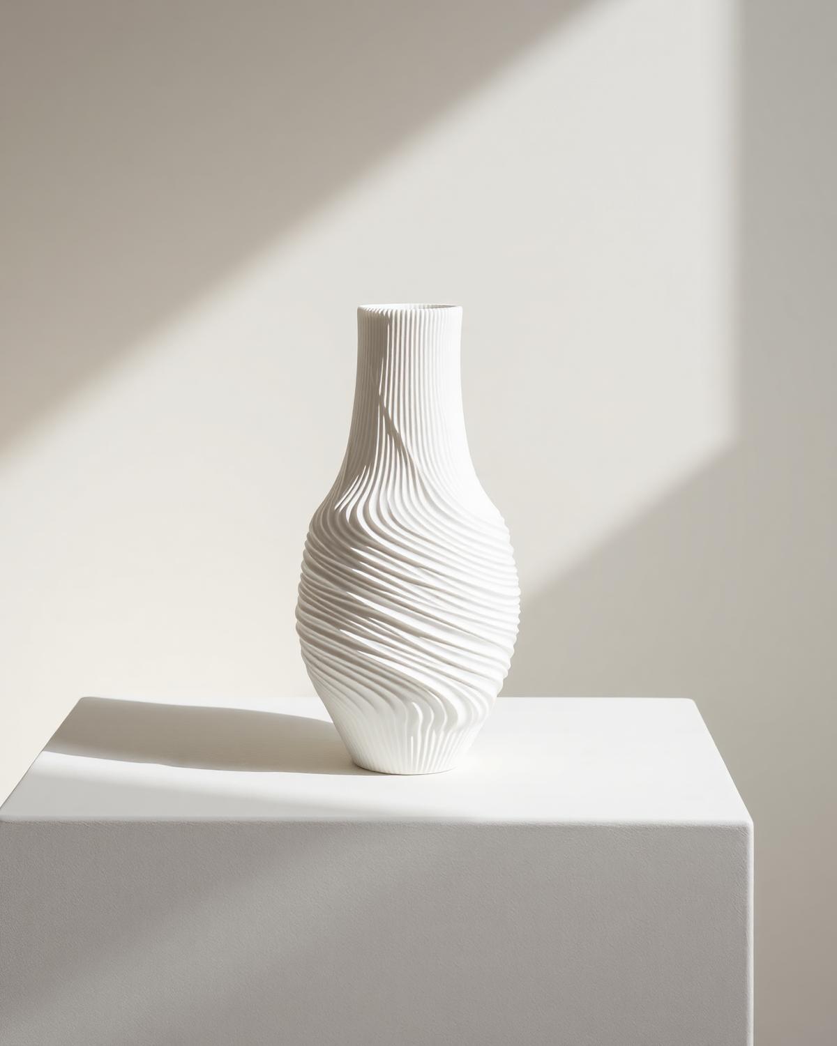 Sculptural 3D-printed vase with rippled layer texture on a plaster plinth